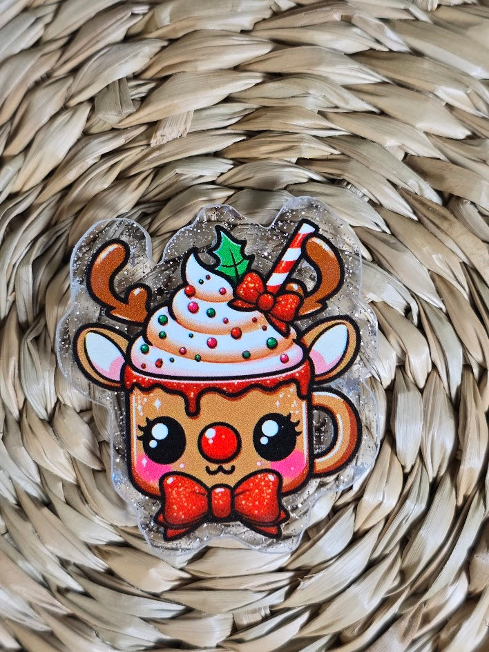 Acrylic Glitter Flatbacks - Reindeer Hot Chocolate