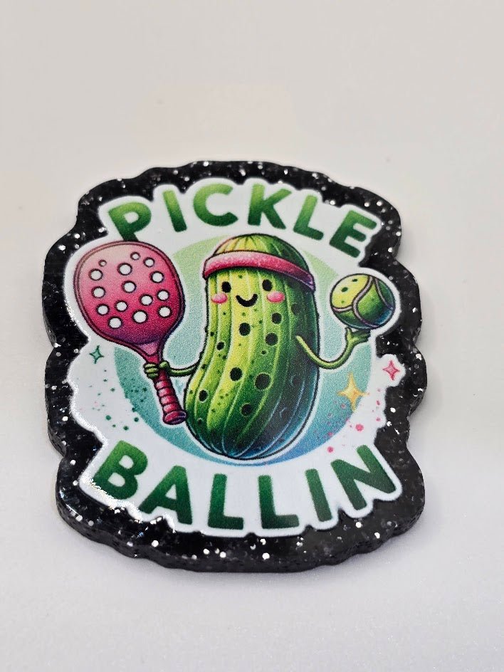 Acrylic Glitter Flatbacks- Pickle Ballin'