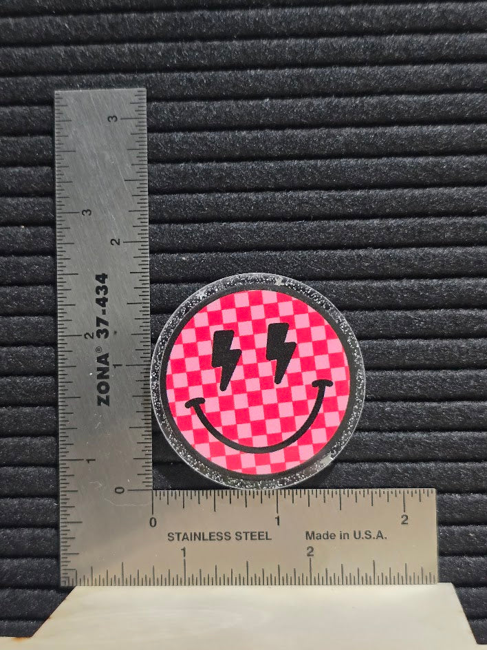 Acrylic Glitter Flatback- Pink Checkered Smile