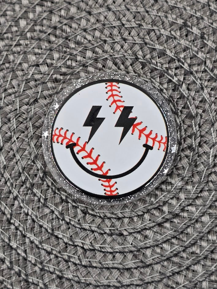 Acrylic Glitter Flatbacks - Smiley Baseball