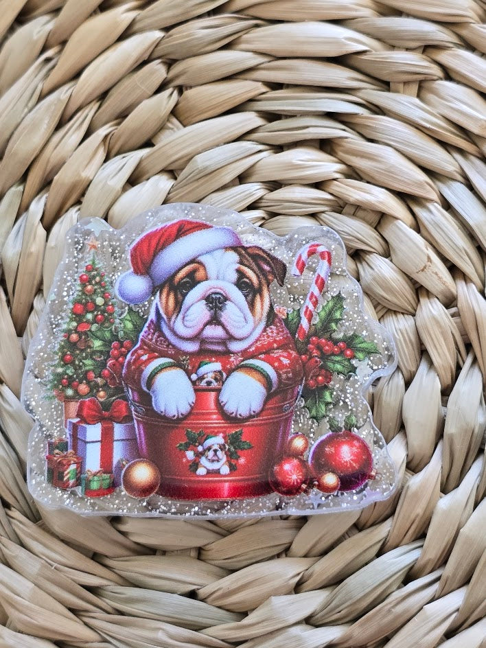 Acrylic Glitter Flatbacks - Christmas Bulldog In A Bucket