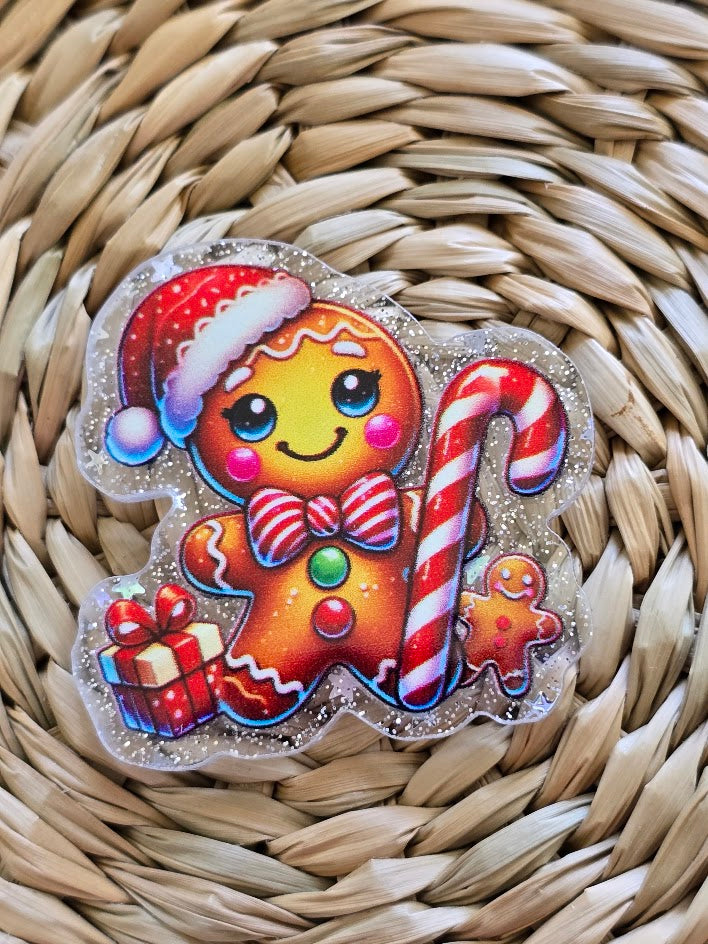 Acrylic Glitter Flatbacks - Gingerbread Man With Candy Cane