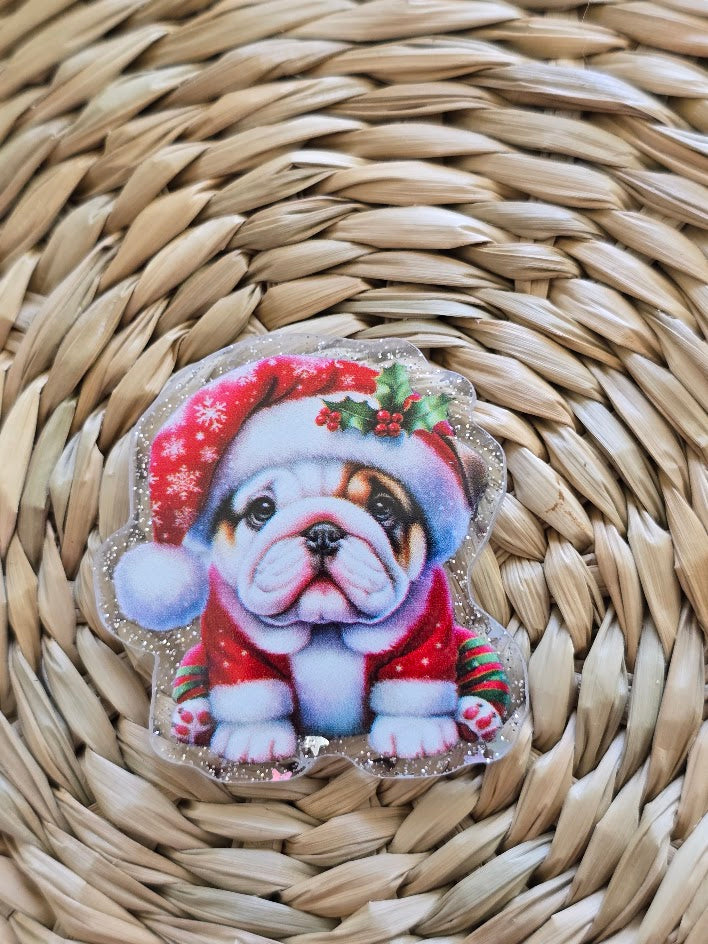 Acrylic Glitter Flatbacks - Christmas Bulldog