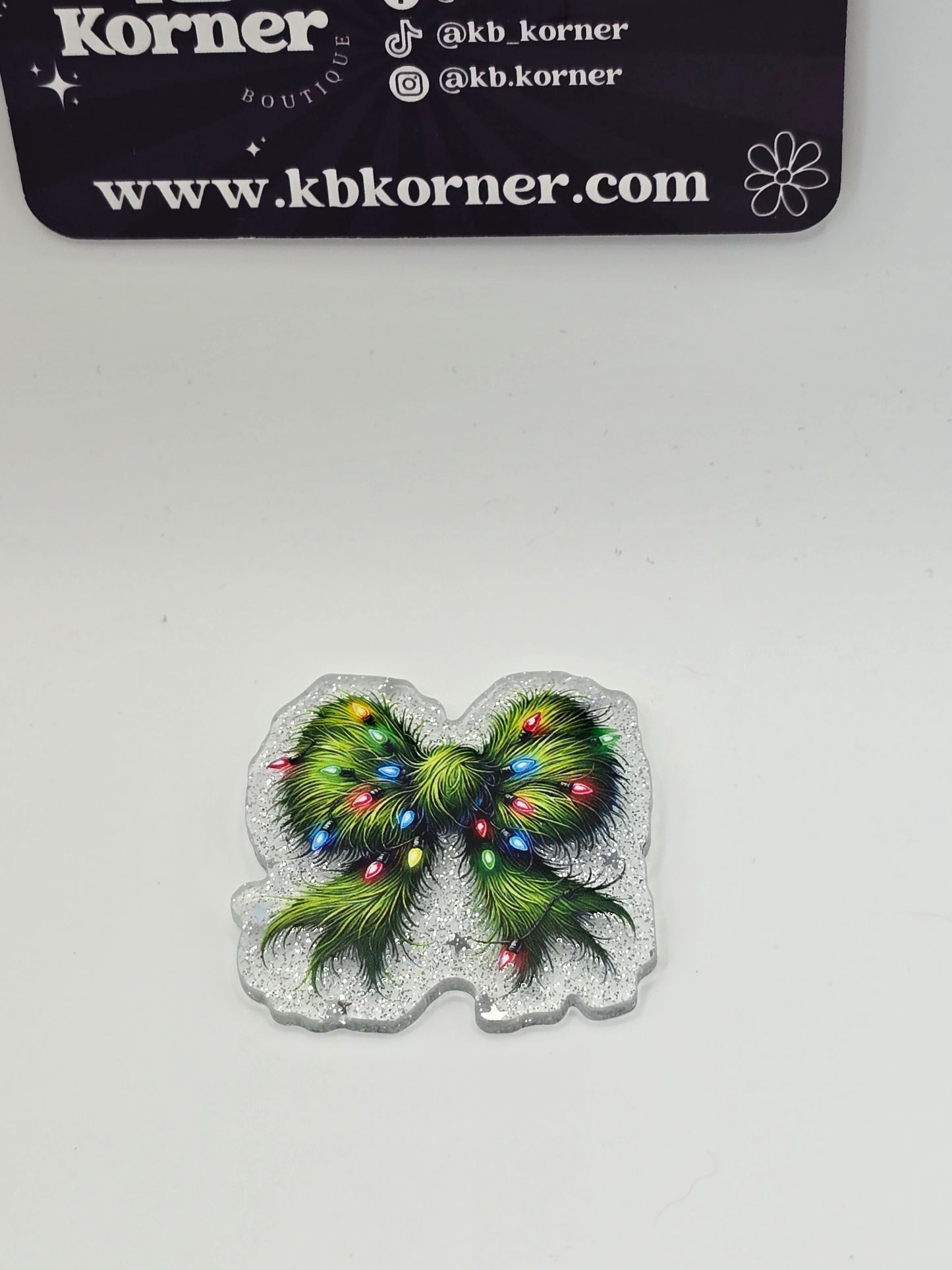 Acrylic Glitter Flatbacks- Mr. Moody Bow with Christmas Lights