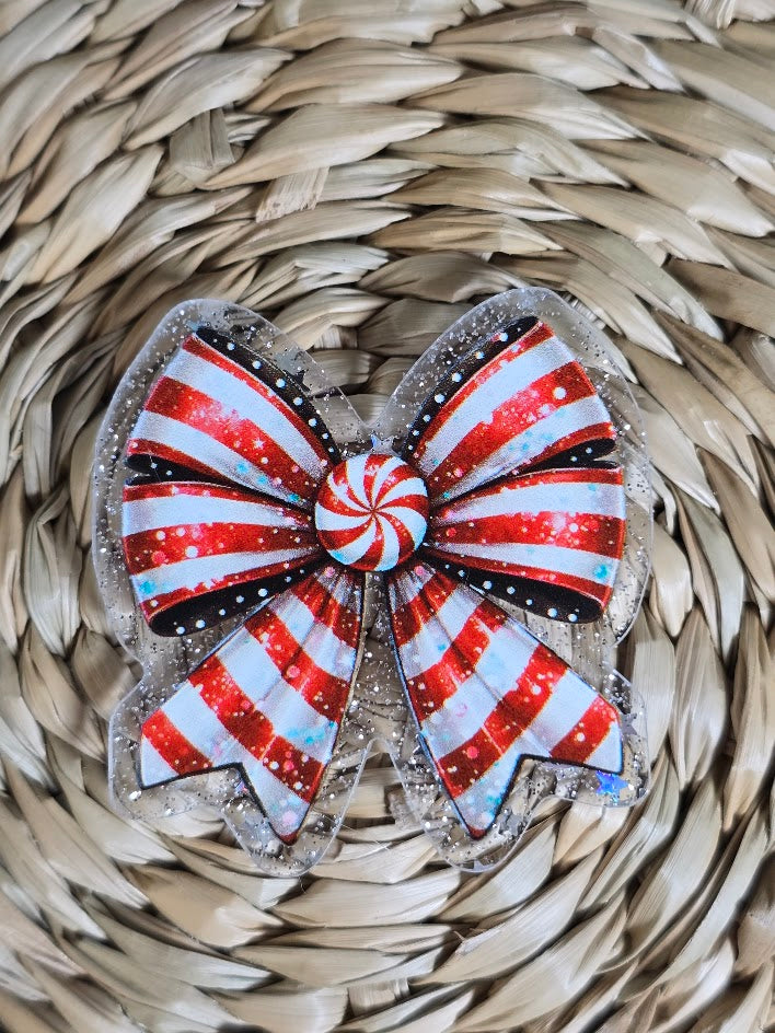 Acrylic Glitter Flatbacks - Candy Cane Bowtie