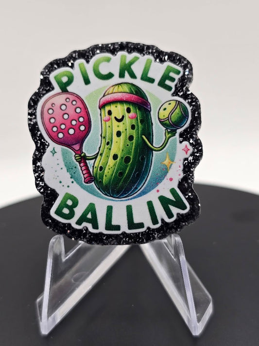 Acrylic Glitter Flatbacks- Pickle Ballin'