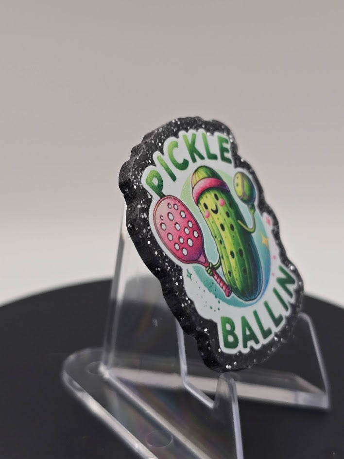 Acrylic Glitter Flatbacks- Pickle Ballin'