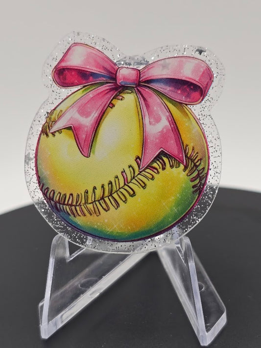 Acrylic Glitter Flatback- Softball Bowtie