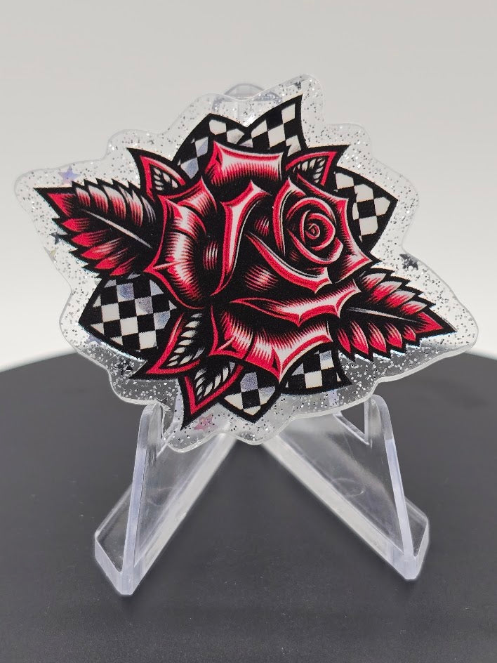 Acrylic Glitter Flatback - Checkered Rose