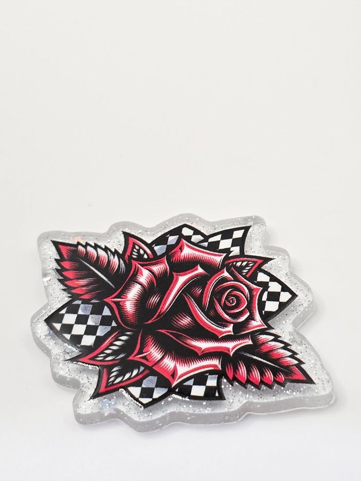 Acrylic Glitter Flatback - Checkered Rose