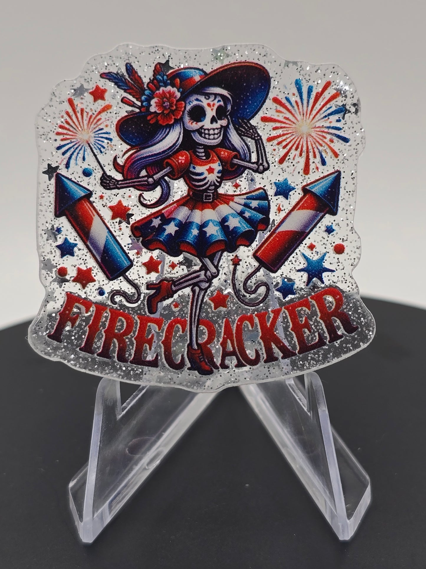 Acrylic Glitter Flatback -Firecracker Skelly