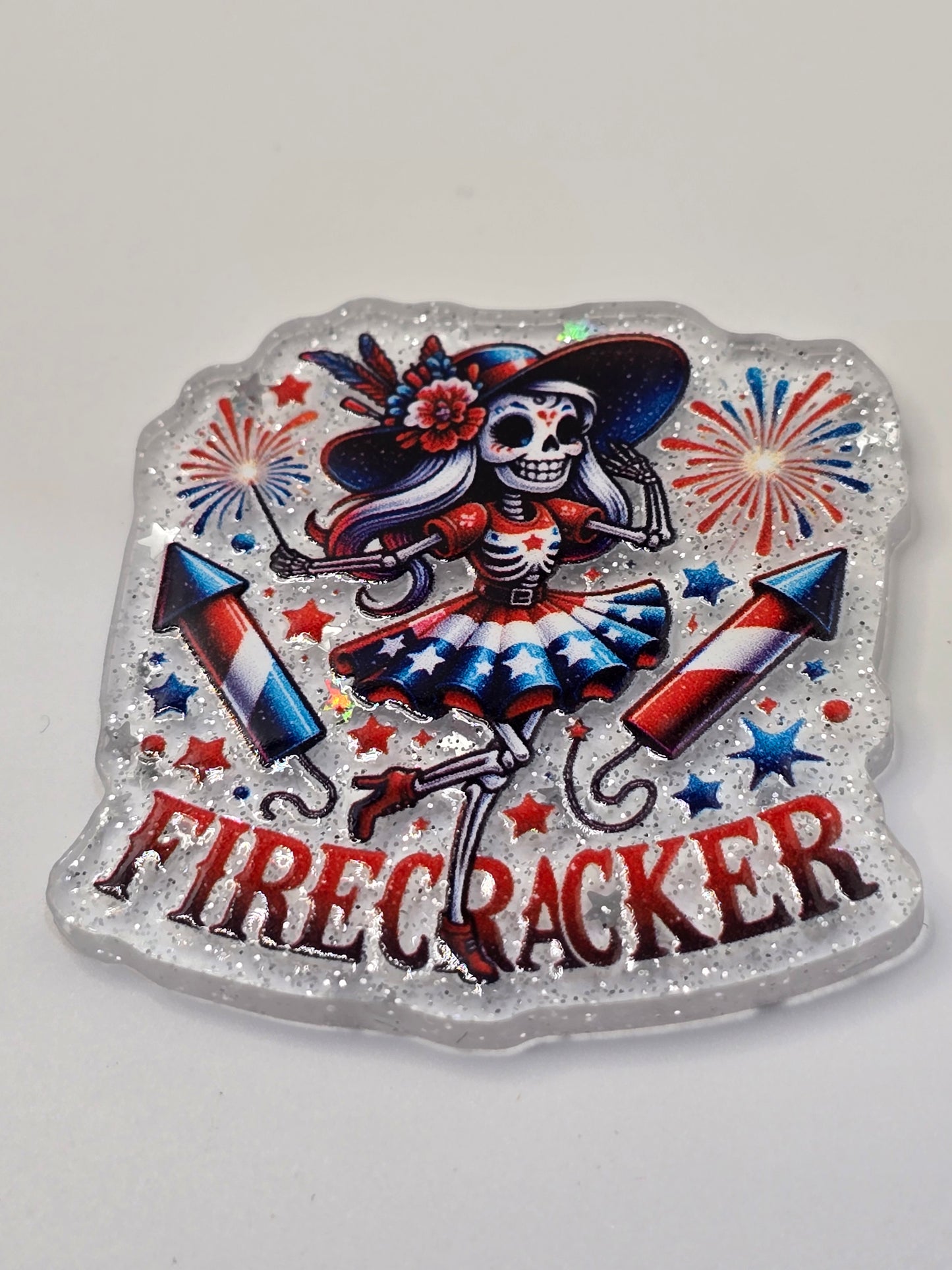 Acrylic Glitter Flatback -Firecracker Skelly