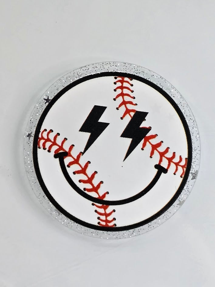 Acrylic Glitter Flatbacks - Smiley Baseball