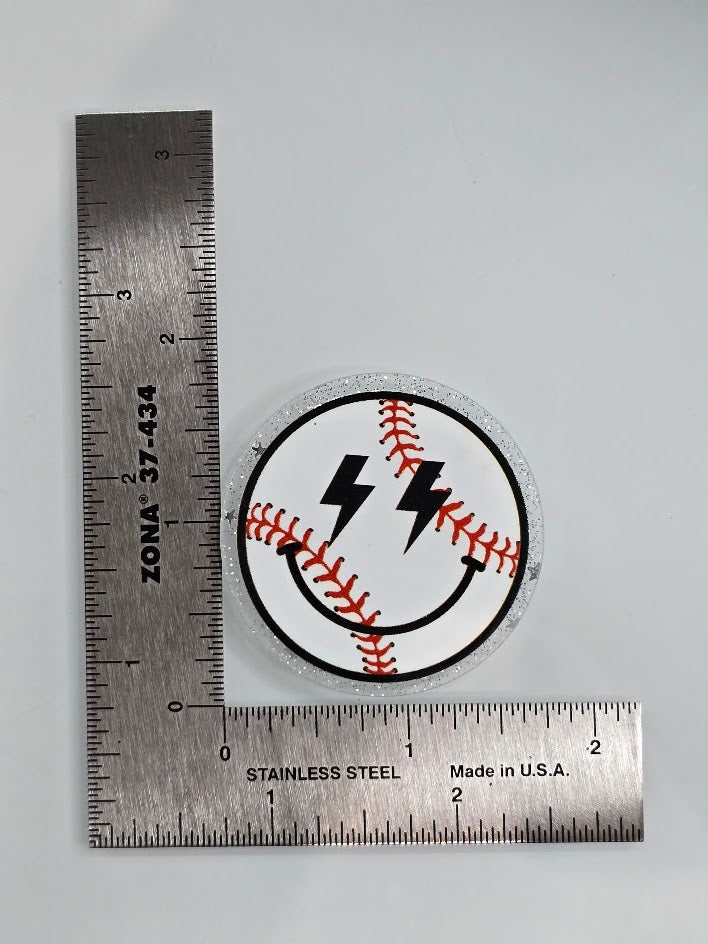 Acrylic Glitter Flatbacks - Smiley Baseball