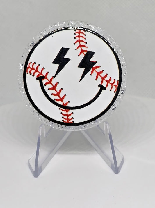 Acrylic Glitter Flatbacks - Smiley Baseball