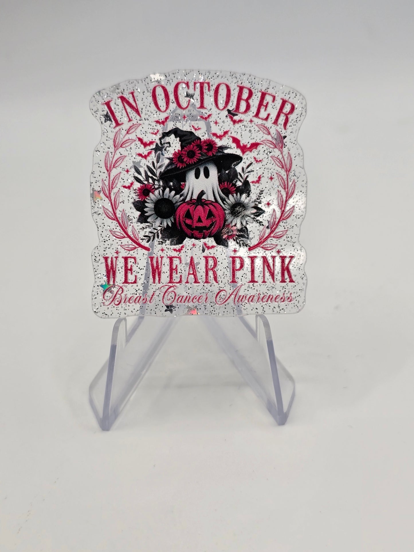 Acrylic Glitter Flatbacks - In October We Wear Pink