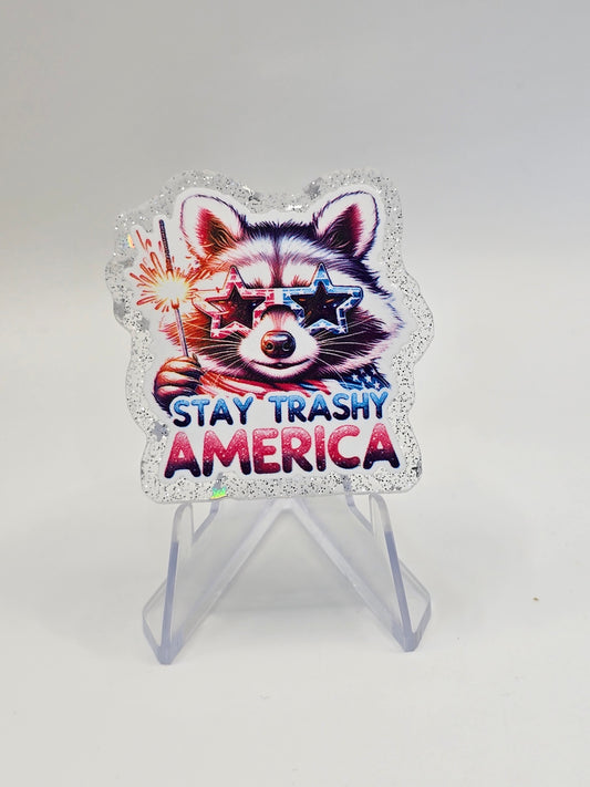 Acrylic Glitter Flatbacks-Stay Trashy America Clear Sparkle Glitter