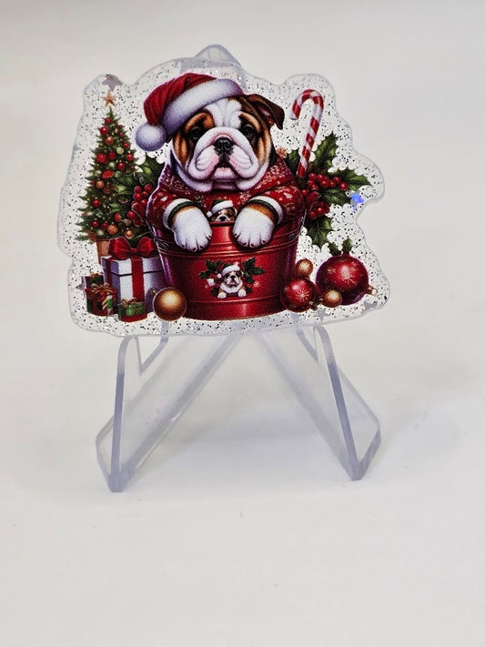Acrylic Glitter Flatbacks - Christmas Bulldog In A Bucket
