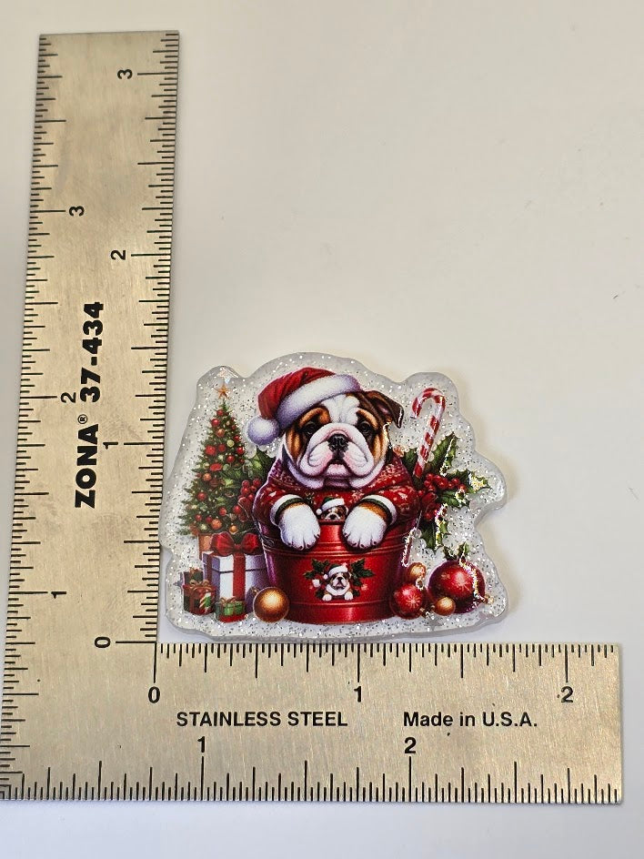 Acrylic Glitter Flatbacks - Christmas Bulldog In A Bucket
