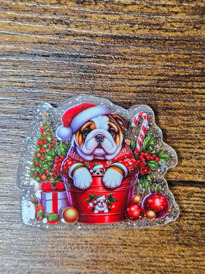 Acrylic Glitter Flatbacks - Christmas Bulldog In A Bucket