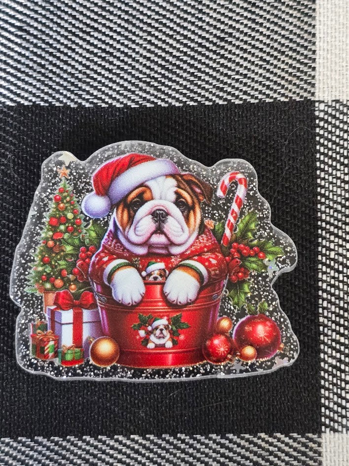 Acrylic Glitter Flatbacks - Christmas Bulldog In A Bucket