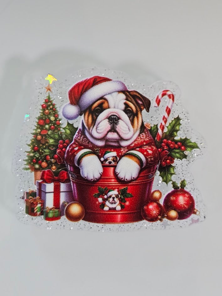 Acrylic Glitter Flatbacks - Christmas Bulldog In A Bucket