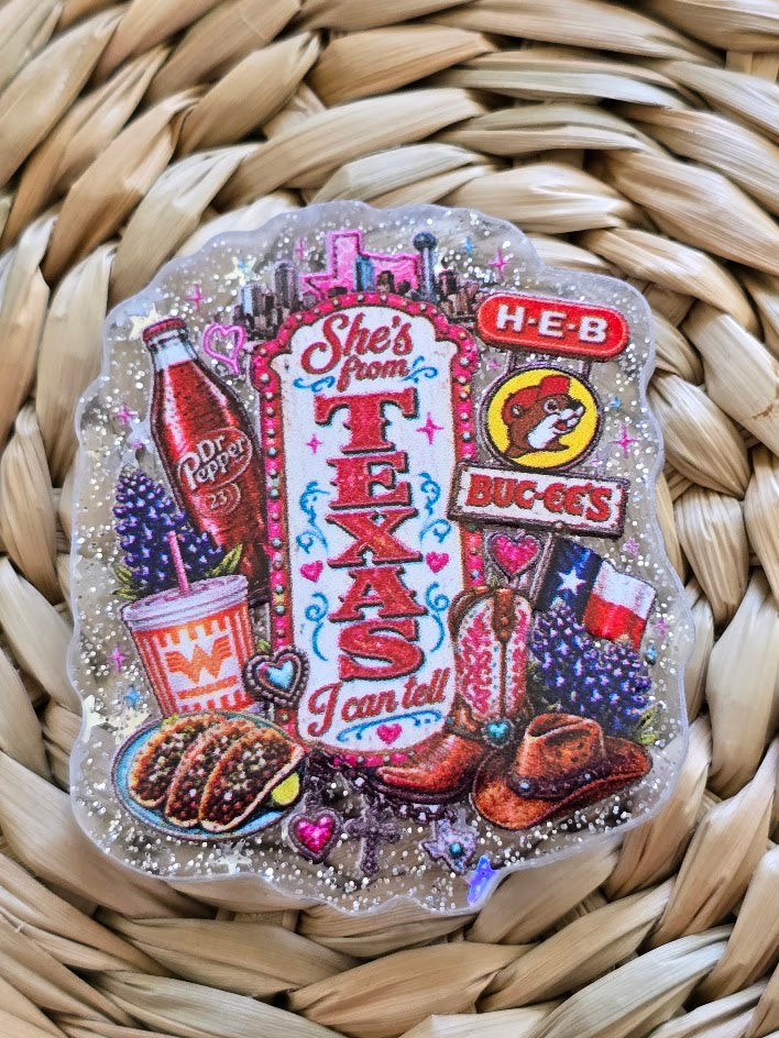 Acrylic Glitter Flatbacks - She's From Texas I Can Tell