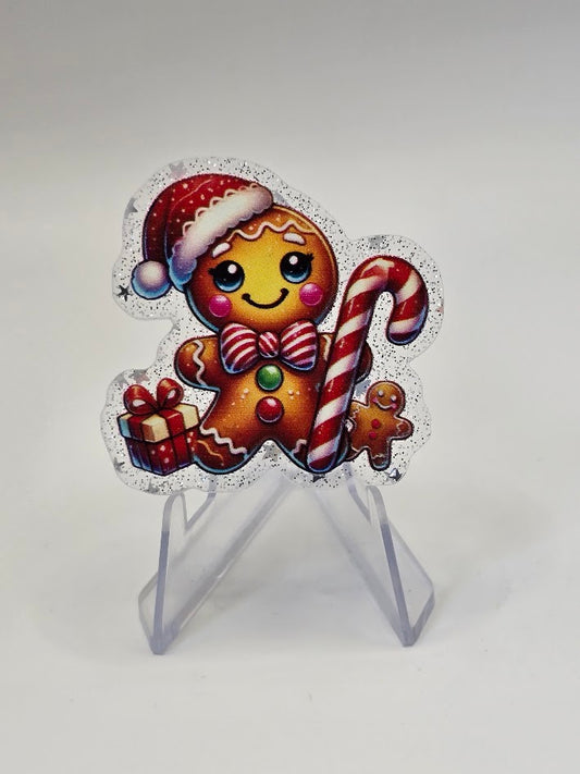 Acrylic Glitter Flatbacks - Gingerbread Man With Candy Cane