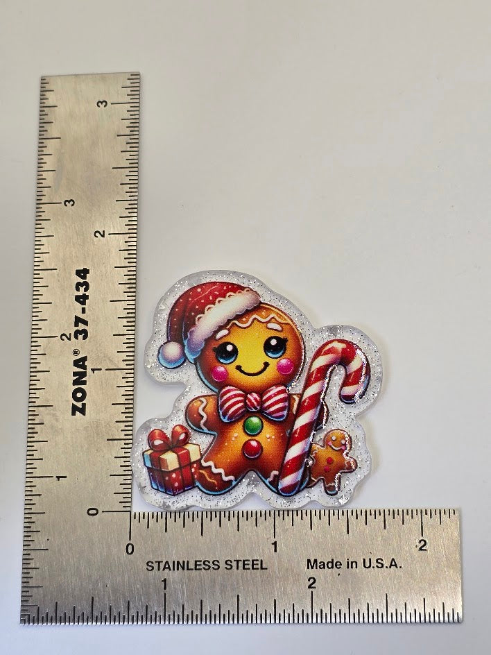 Acrylic Glitter Flatbacks - Gingerbread Man With Candy Cane