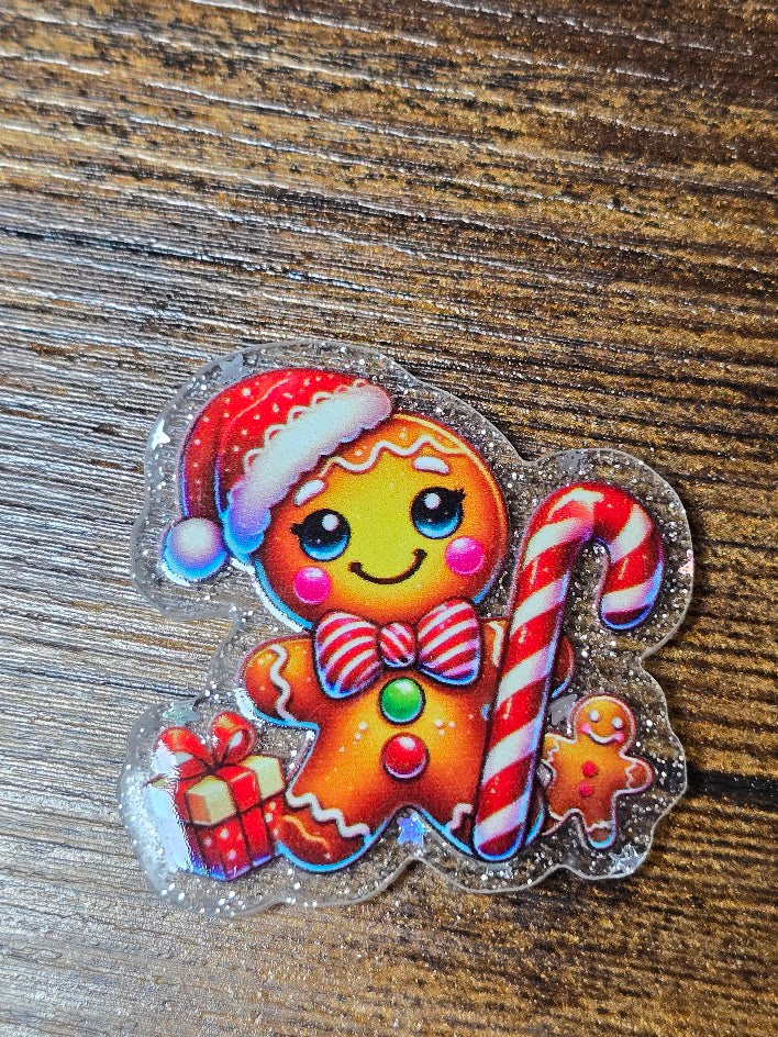 Acrylic Glitter Flatbacks - Gingerbread Man With Candy Cane