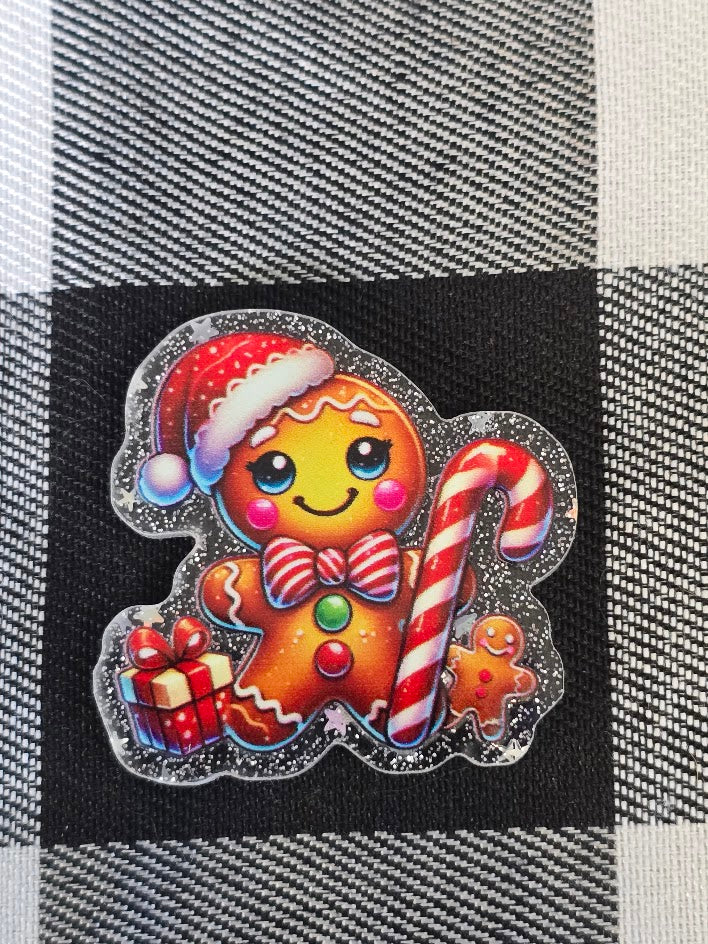 Acrylic Glitter Flatbacks - Gingerbread Man With Candy Cane