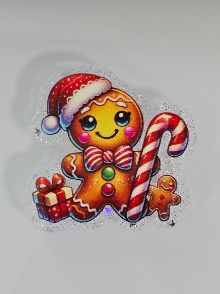 Acrylic Glitter Flatbacks - Gingerbread Man With Candy Cane