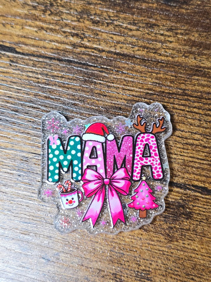 Acrylic Glitter Flatbacks - Mama Pink Christmas