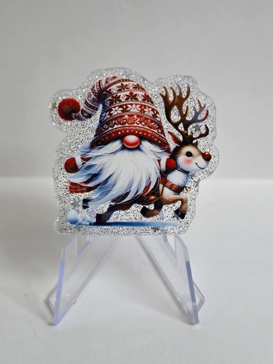Acrylic Glitter Flatbacks- Christmas Gnome on Reindeer