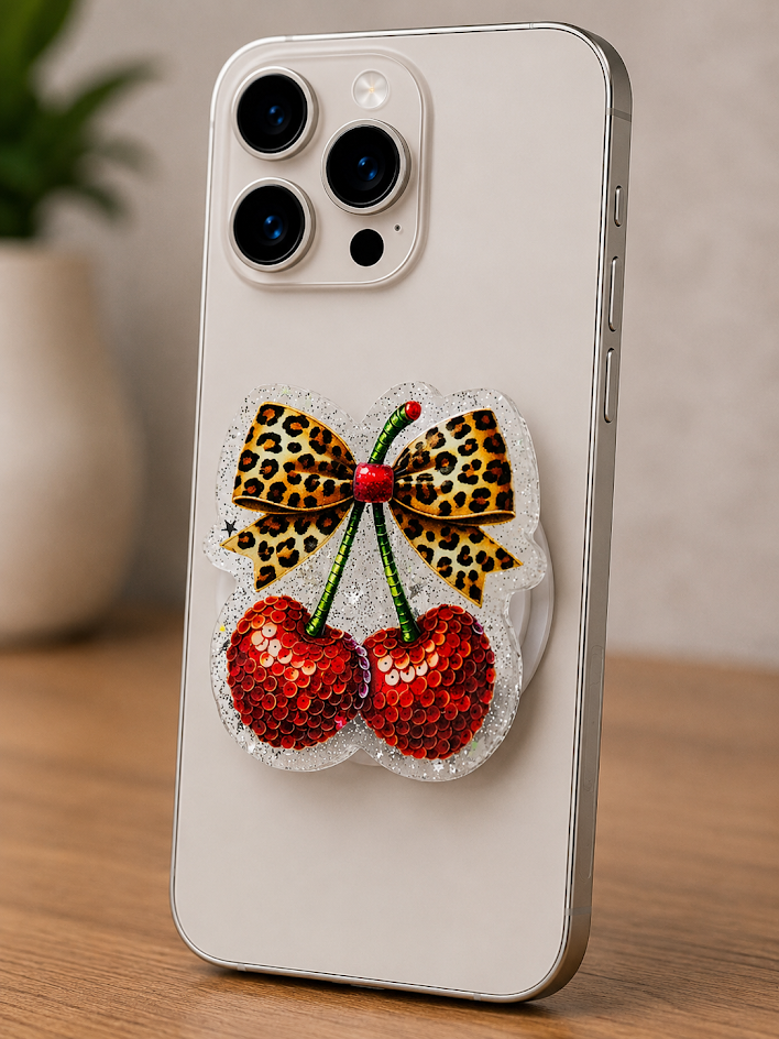 Magnetic Phone Grips – Leopard Cherries