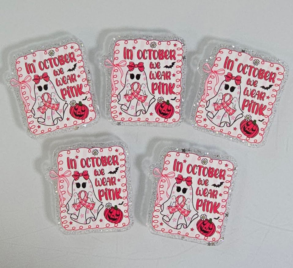 Acrylic Glitter Flatbacks - In October We Wear Pink