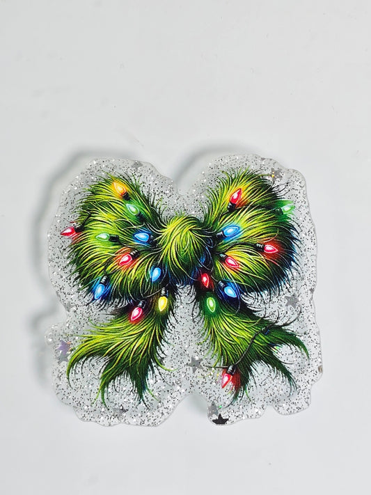 Acrylic Glitter Flatbacks- Mr. Moody Bow with Christmas Lights