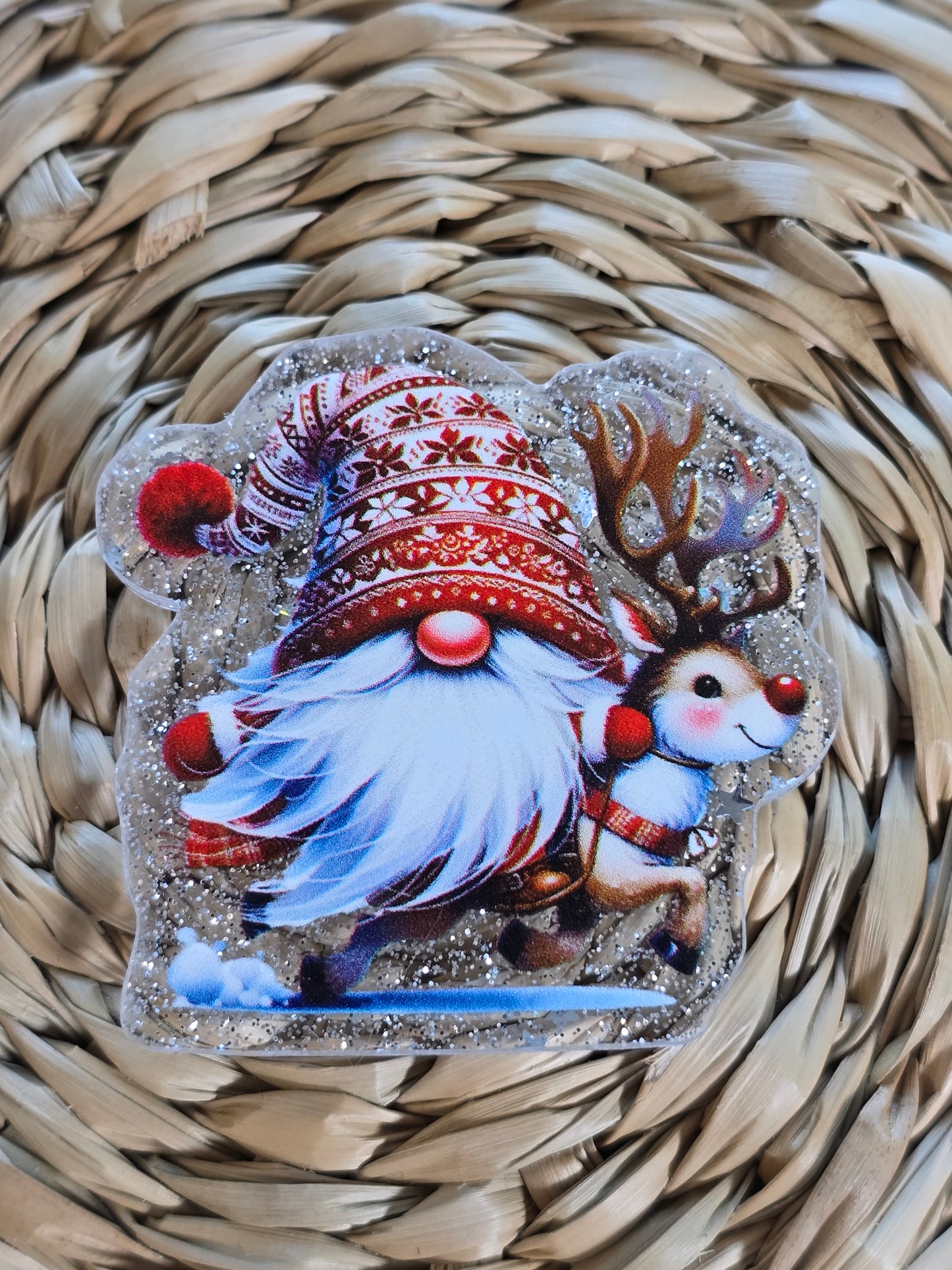 Acrylic Glitter Flatbacks- Christmas Gnome on Reindeer