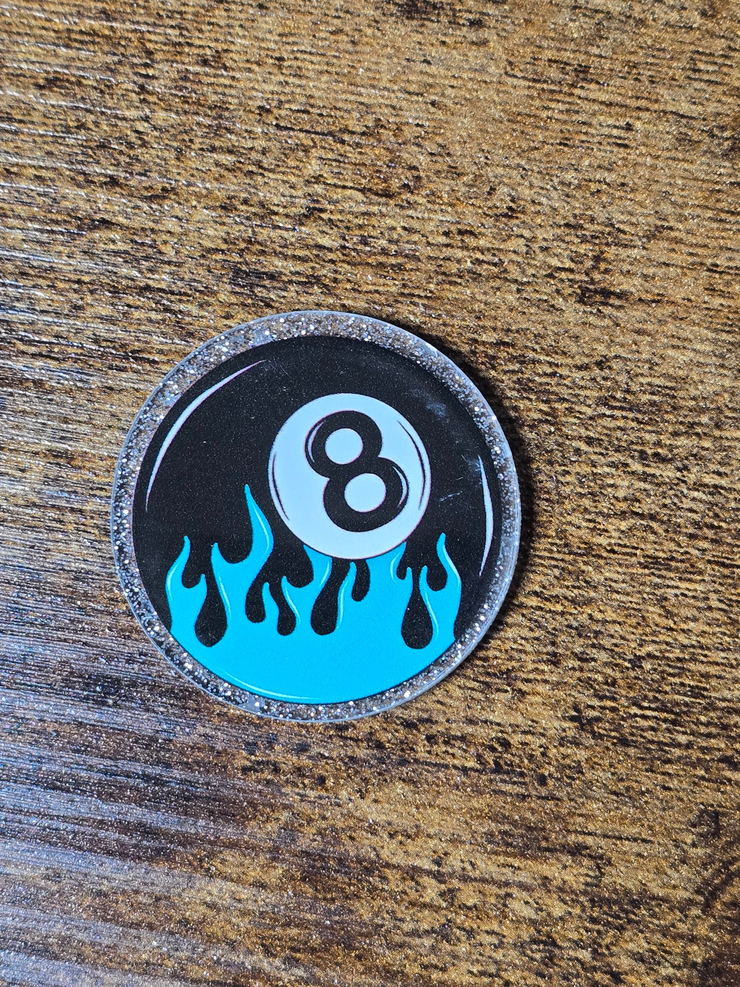 Acrylic Glitter Flatbacks- Magic 8 Ball w/Flames