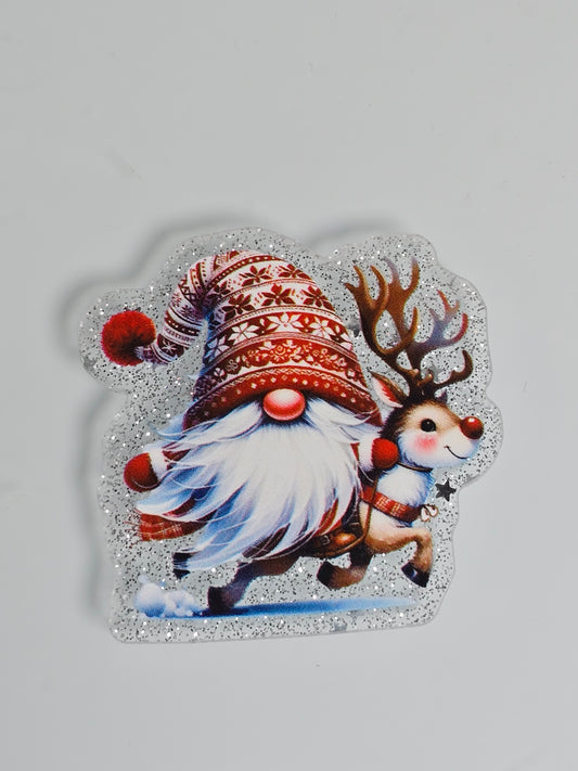Acrylic Glitter Flatbacks- Christmas Gnome on Reindeer