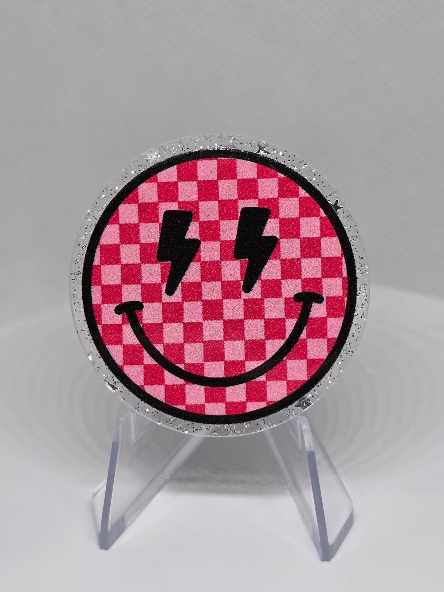 Acrylic Glitter Flatback- Pink Checkered Smile