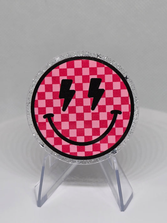 Acrylic Glitter Flatback- Pink Checkered Smile