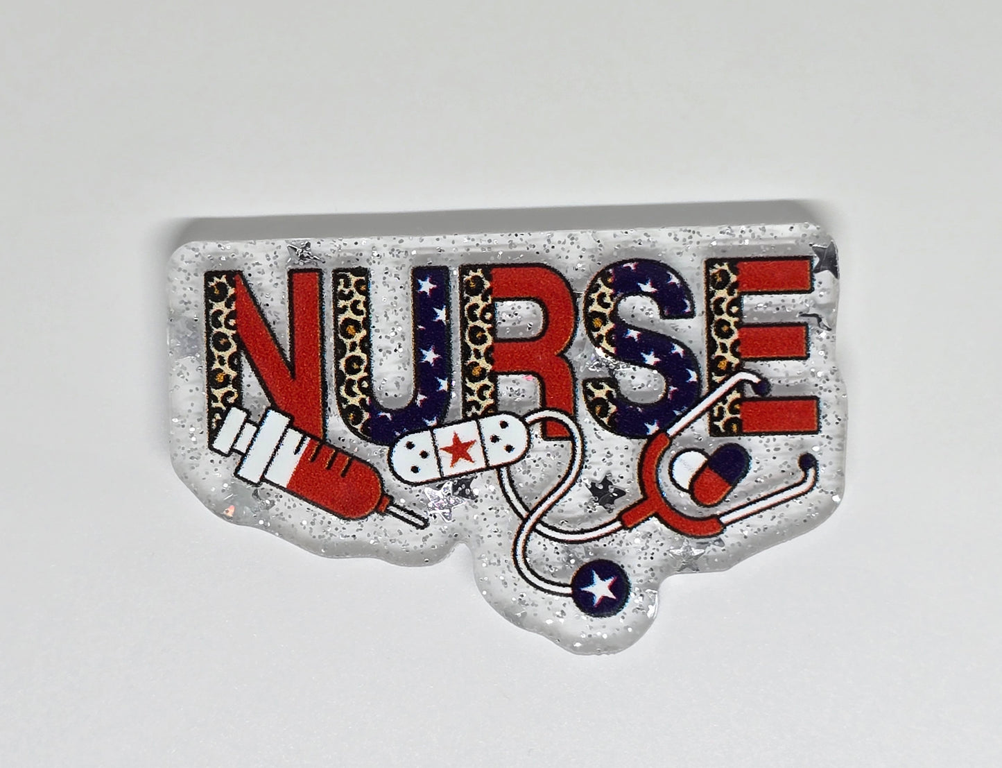 Acrylic Glitter Flatback- USA Leopard Nurse