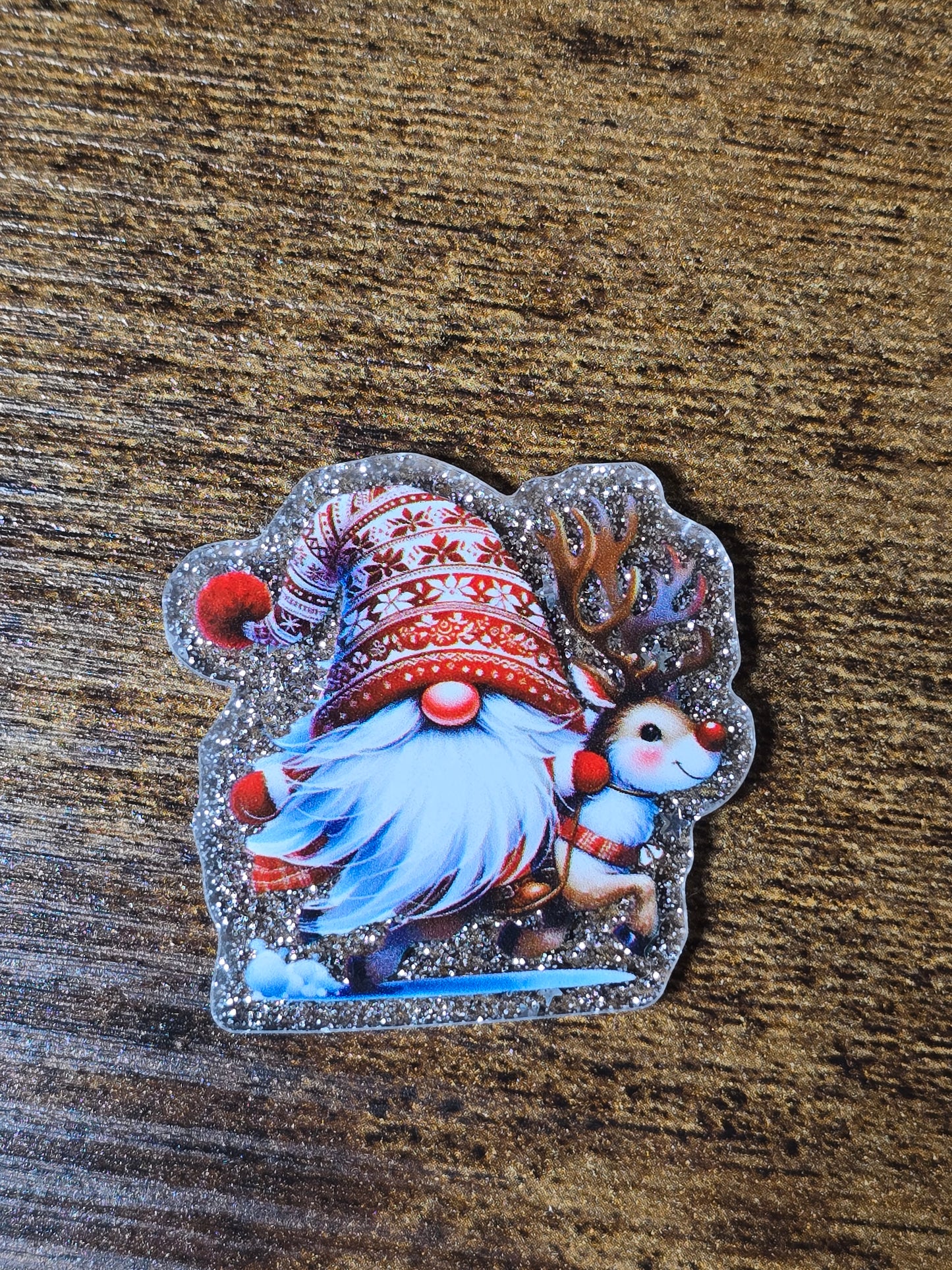 Acrylic Glitter Flatbacks- Christmas Gnome on Reindeer