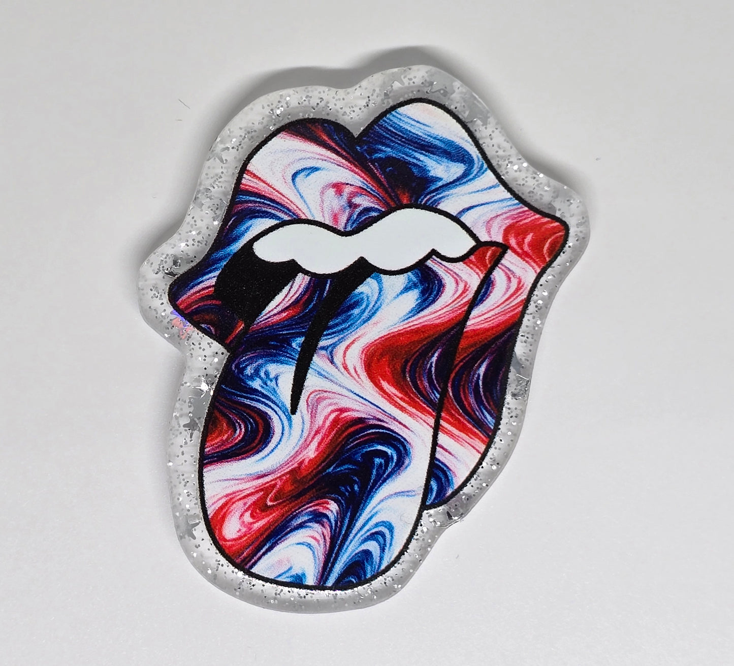 Acrylic Glitter Flatback- Red White and Blue Tongue Paint Swirl