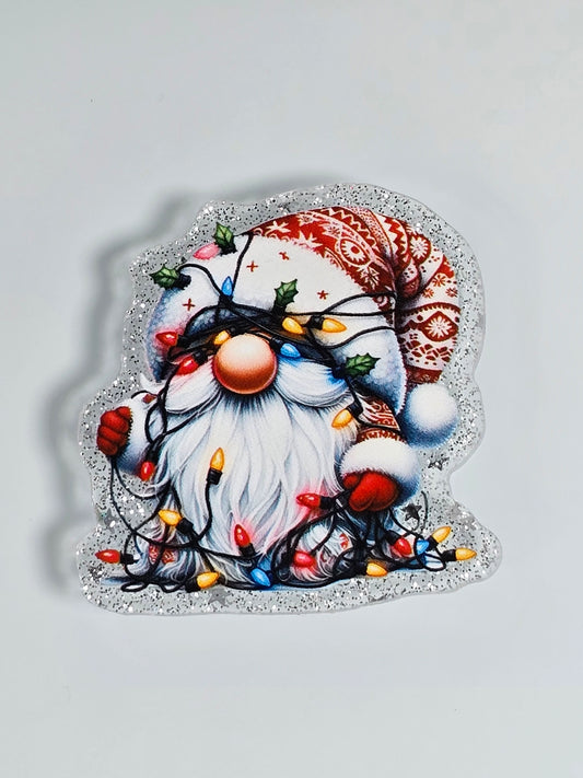 Acrylic Glitter Flatbacks- Christmas Gnome with Holiday Lights