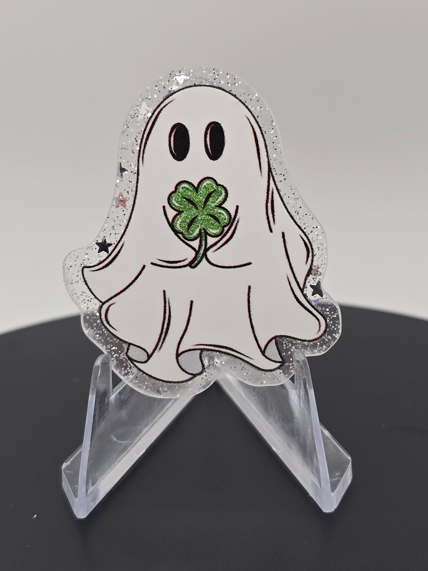 🍀 Acrylic Glitter Flatbacks- St. Patrick's Day Shamrock Ghosty 🍀