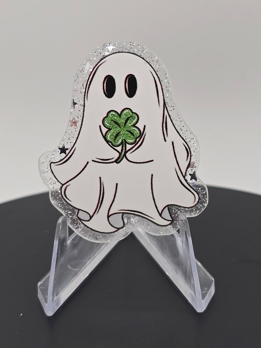 🍀 Acrylic Glitter Flatbacks- St. Patrick's Day Shamrock Ghosty 🍀