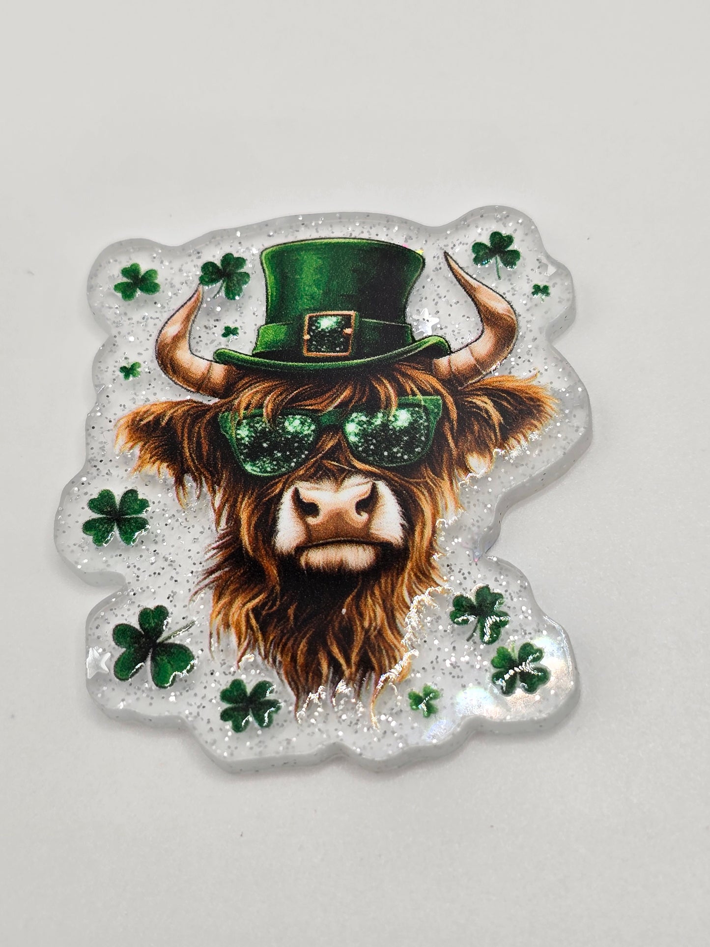 🍀 Acrylic Glitter Flatbacks- St. Patrick's Day Cow 🍀