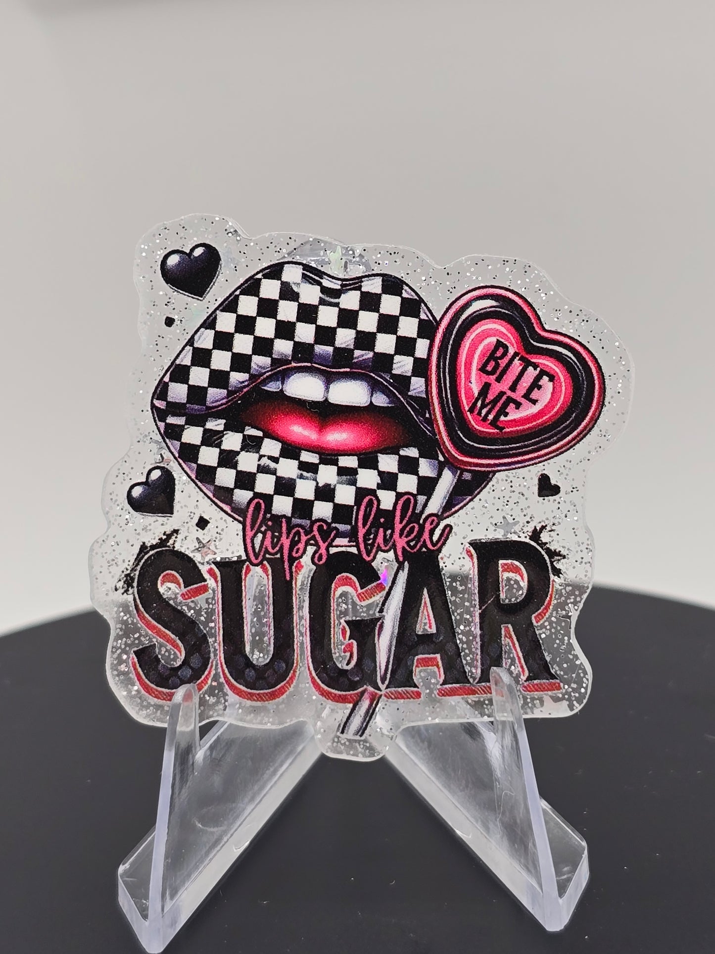Acrylic Glitter Flatbacks- Valentine’s Lips Like Sugar Bite Me